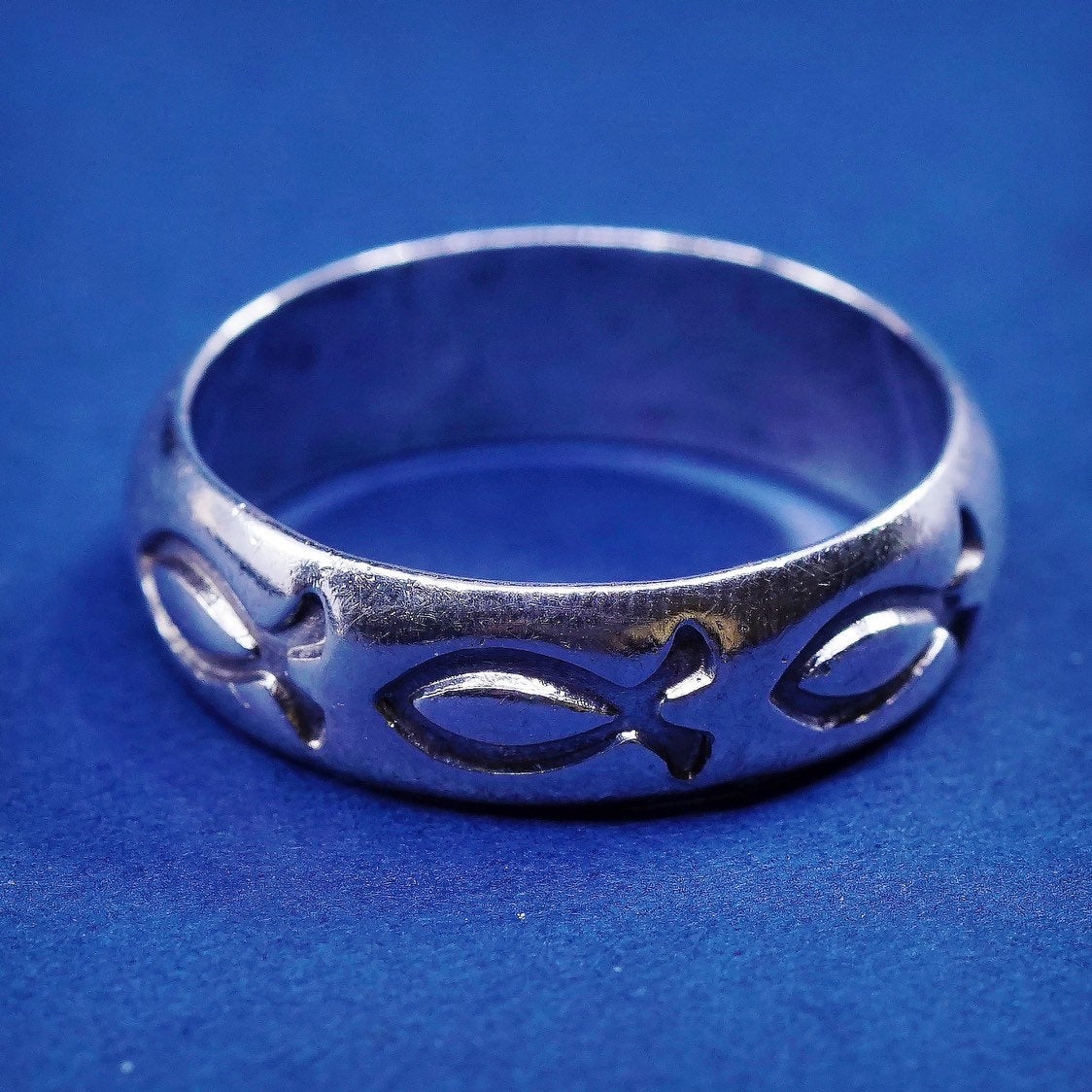 sz 9, vtg BSD Sterling silver handmade ring, 925 prayer band w/ fish