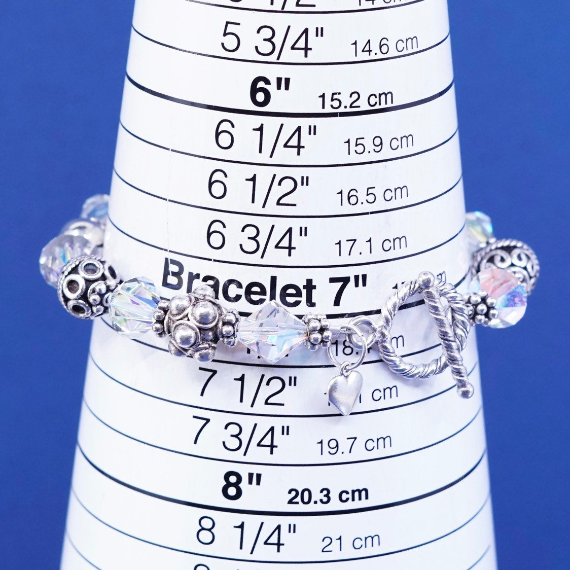 7.25”, sterling silver handmade bracelet, 925 w/ crystal beads N toggle closure