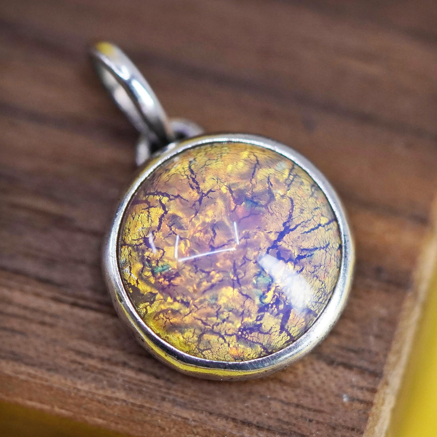 Vintage Sterling silver handmade pendant, 925 circle with orange foil glass