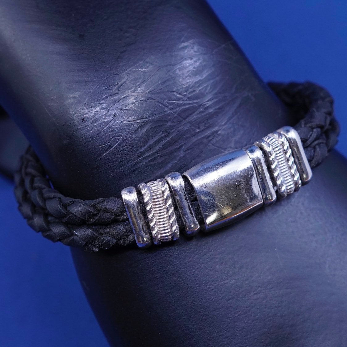 6.5”, vtg JB Sterling silver handmade bracelet, 925 w/ black leather chain