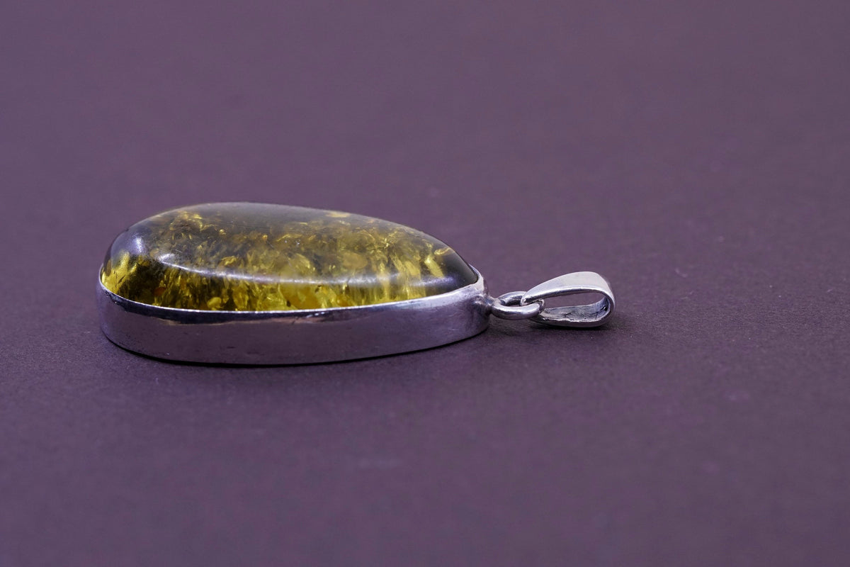 Vintage Sterling 925 silver handmade pendant with teardrop Amber pendant