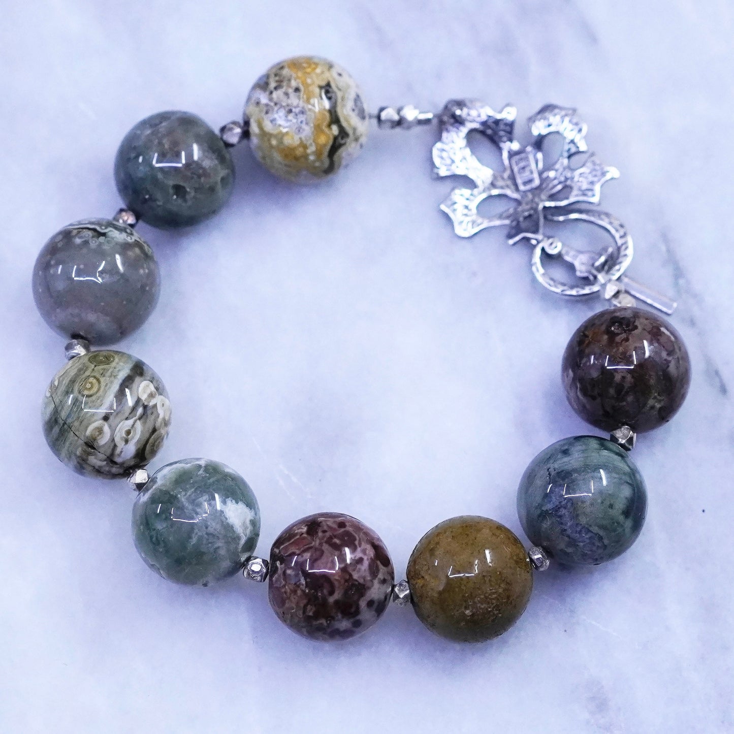 6.75”, sterling silver handmade bracelet, huge genuine agate beads 925 leafy