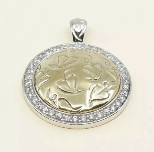 Vintage two tone Sterling silver pendant, 925 Circle Tag With Hearts N Crystal