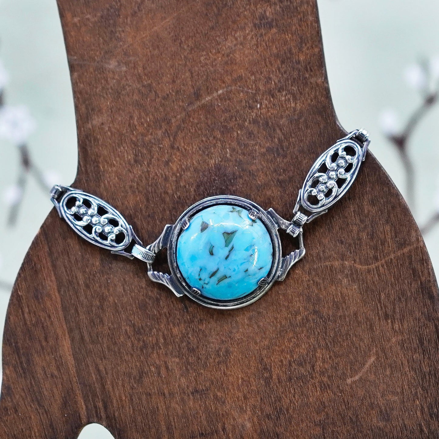 6.25”, Sterling Silver 925 filigree floral chain Bracelet manmade turquoise