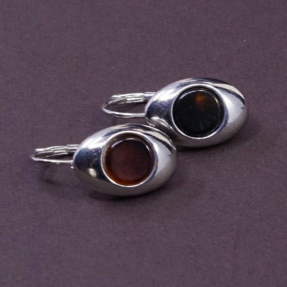 vtg Sterling silver handmade earrings, 925 w/ round shaped Amber