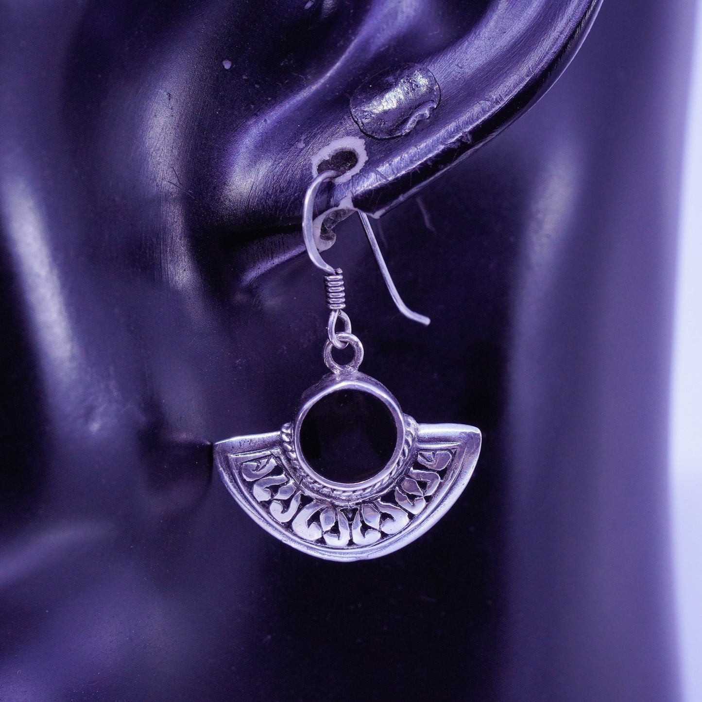 Vintage Sterling 925 silver handmade textured earrings with obsidian