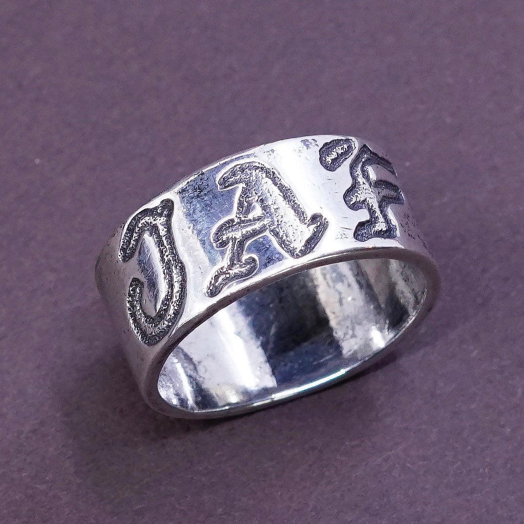 sz 8, vtg Sterling silver handmade ring, 925 wide band w/ “JAF”