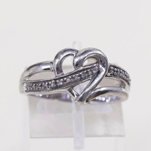 Sz 7, Vtg Sterling Fashion Engagement Ring, 925 Heart W/ Diamond, Stamped 925