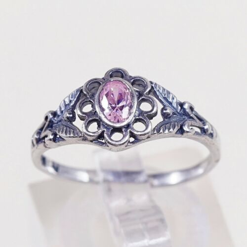 Sz 7.25, Vtg Sterling Silver Ring, 925 Silver Engagement Ring W/ pink Crystal