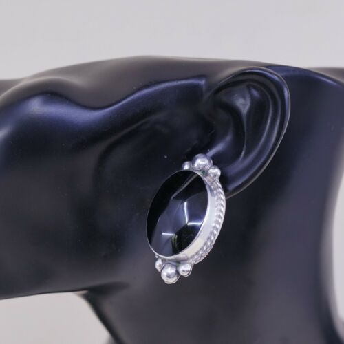 Vtg Oval Sterling Silver Clip on Obsidian Earrings W/ Beads, Stamped 925 Mexico