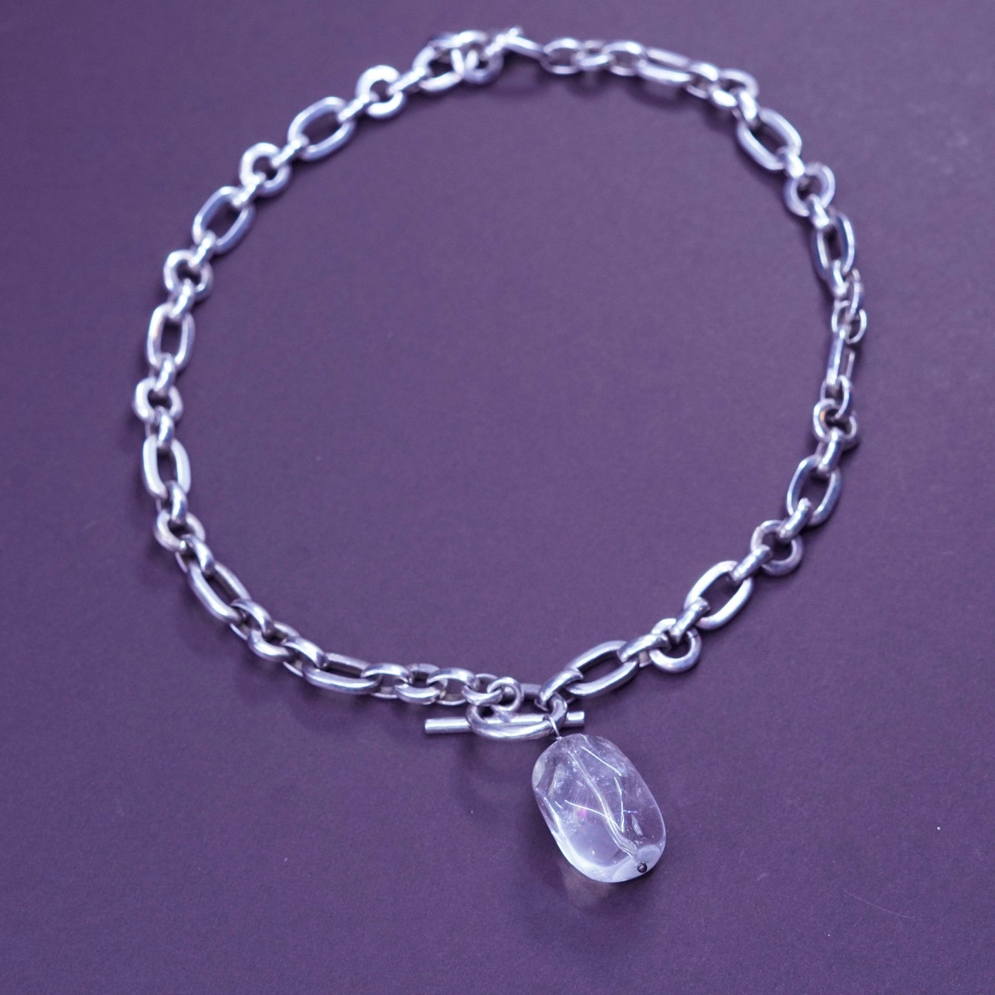 15”, 1mm, vintage Sterling silver necklace, 925 oval chain with Crystal pendant