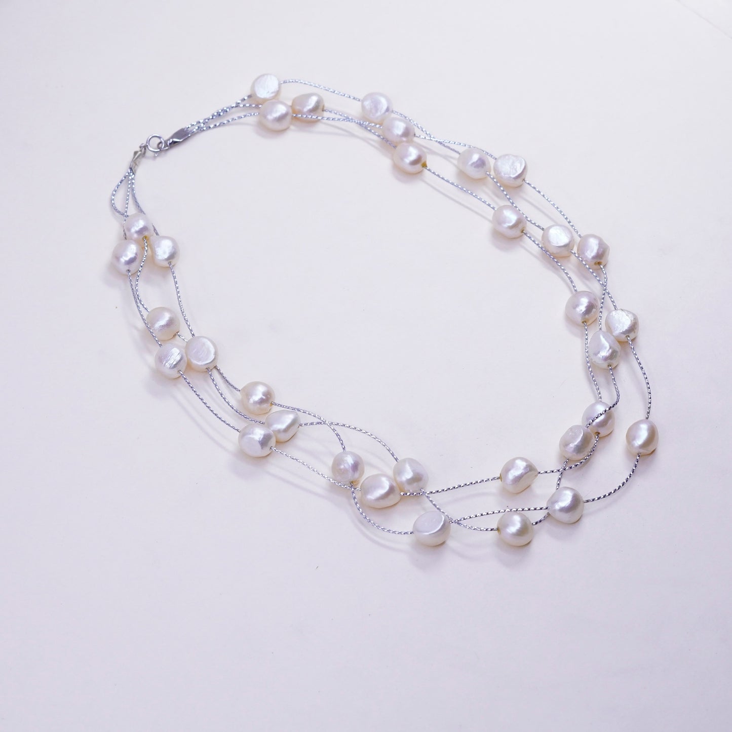 17”, Vintage handmade multi strands Sterling silver wheat chain pearl beads