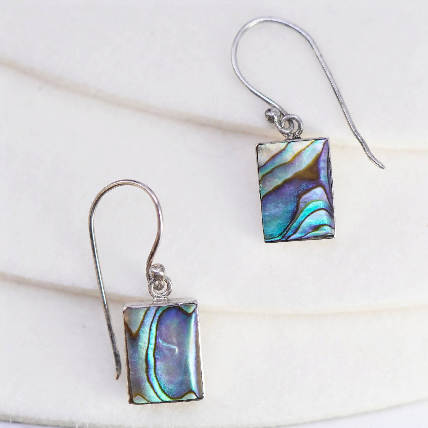 Vintage designer Sterling 925 silver handmade earrings with rectangular abalone