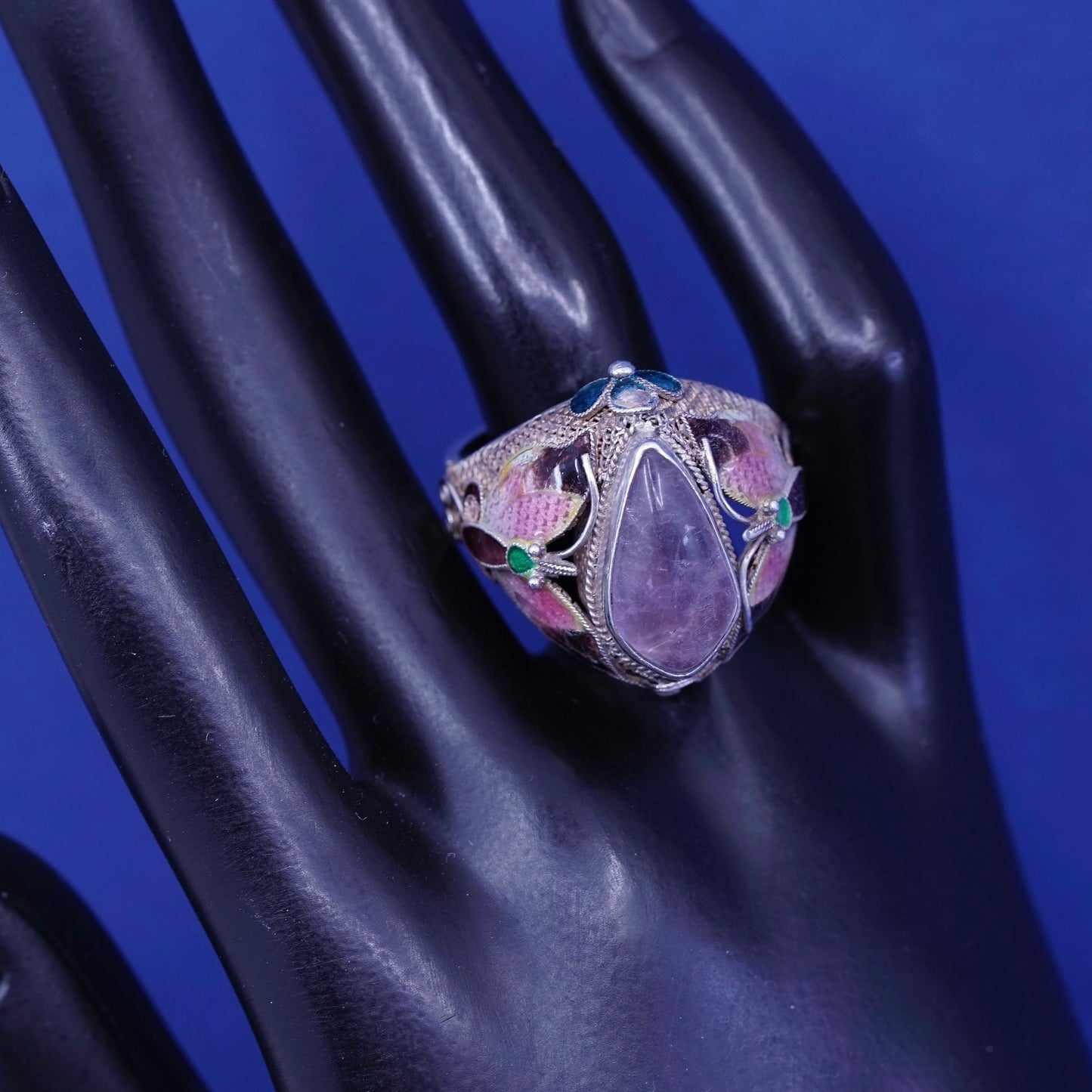 sz 11, gold over Sterling 925 silver ring w/ amethyst and enamel butterfly