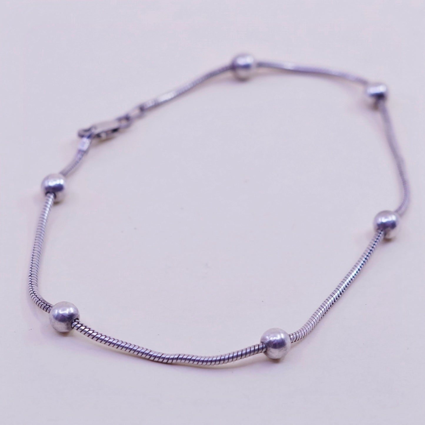 9”, 1mm, Vintage sterling silver bracelet, 925 snake chain anklet with beads