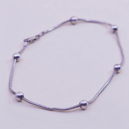 9”, 1mm, Vintage sterling silver bracelet, 925 snake chain anklet with beads