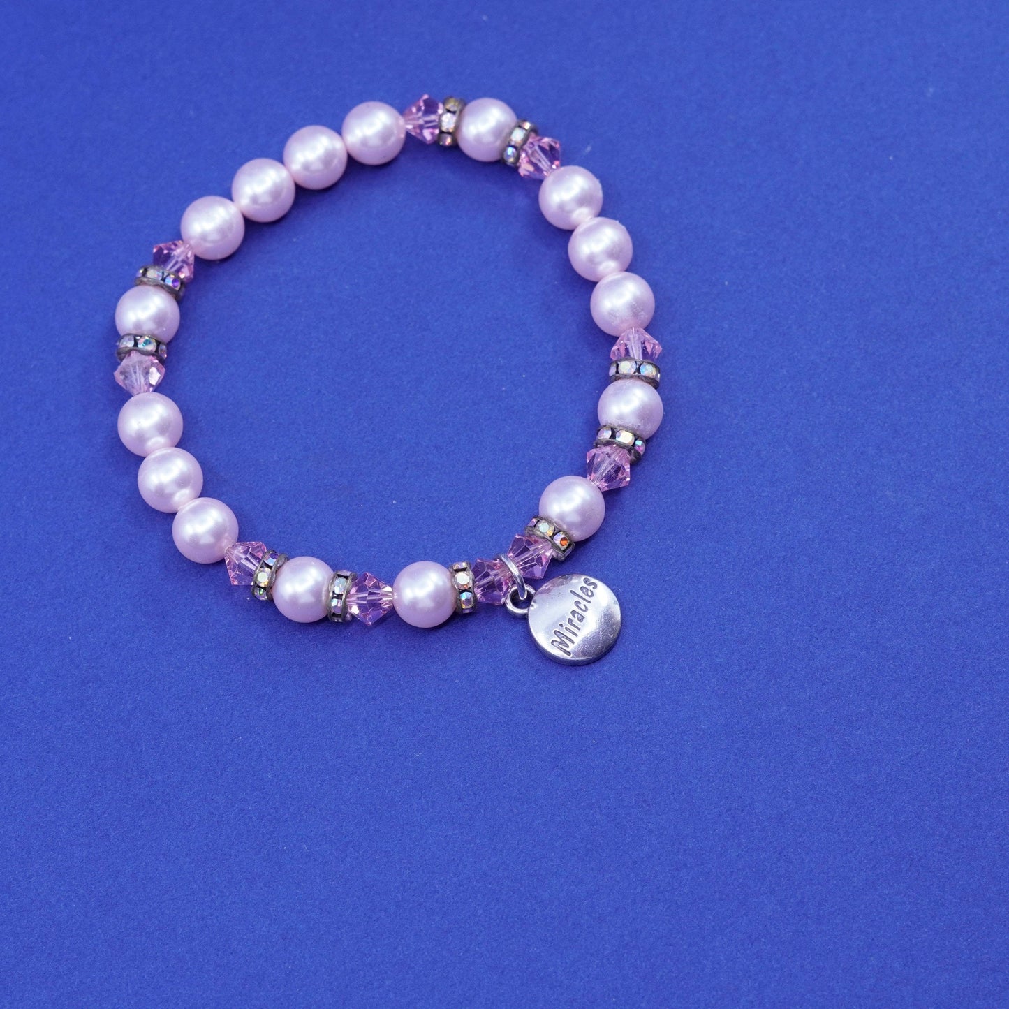 7”, SLC Sterling 925 silver handmade bracelet pearl pink beads miracles charm