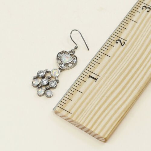 Sterling Silver Handmade Earrings, 925 Silver Heart W/ Opal & Marcasite
