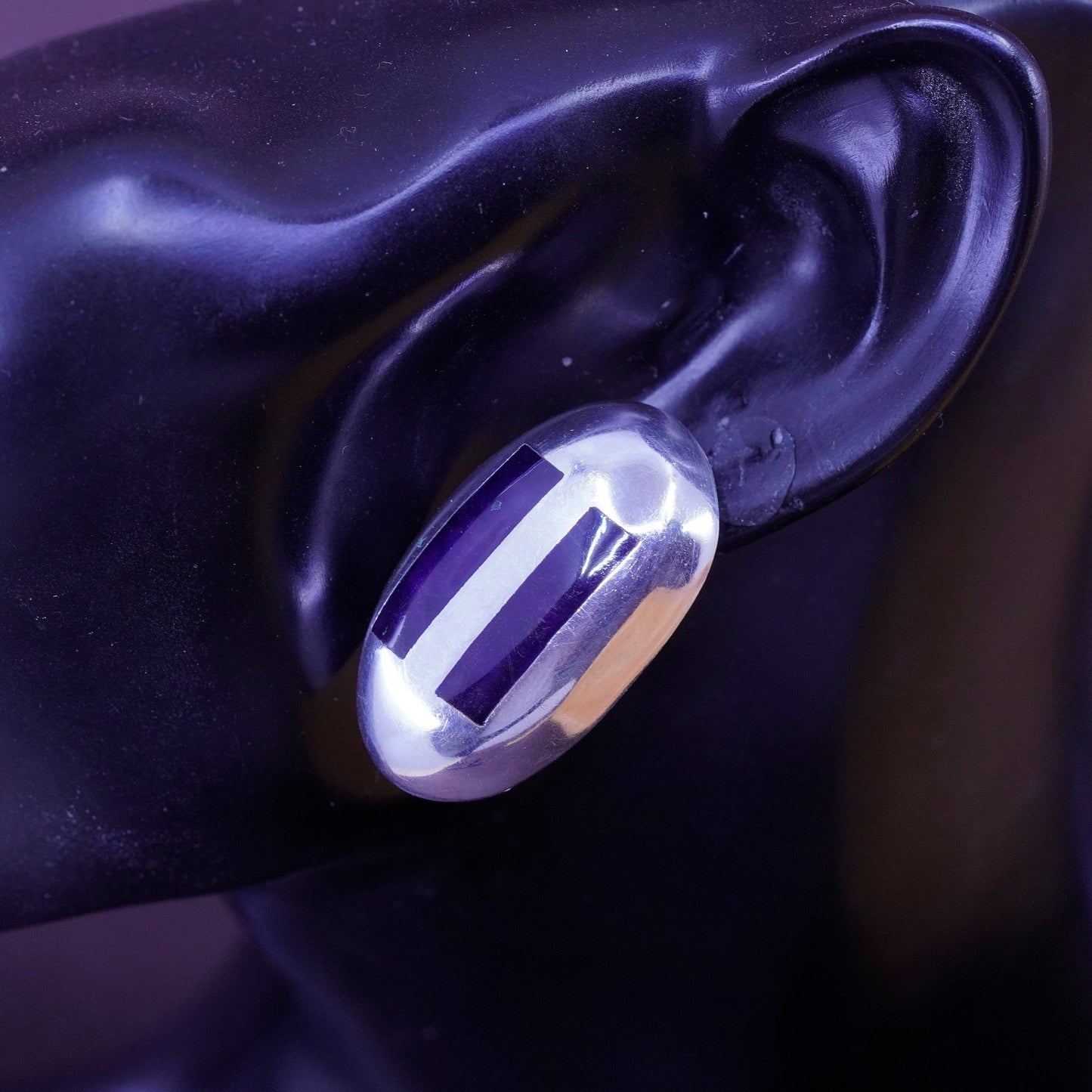 Vintage Mexico Sterling silver handmade earrings, 925 oval studs with obsidian