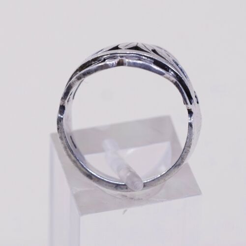 Sz 7.5, Vtg 925 Sterling Silver Handmade Band Ring Filigree Leaves, Stamped 925
