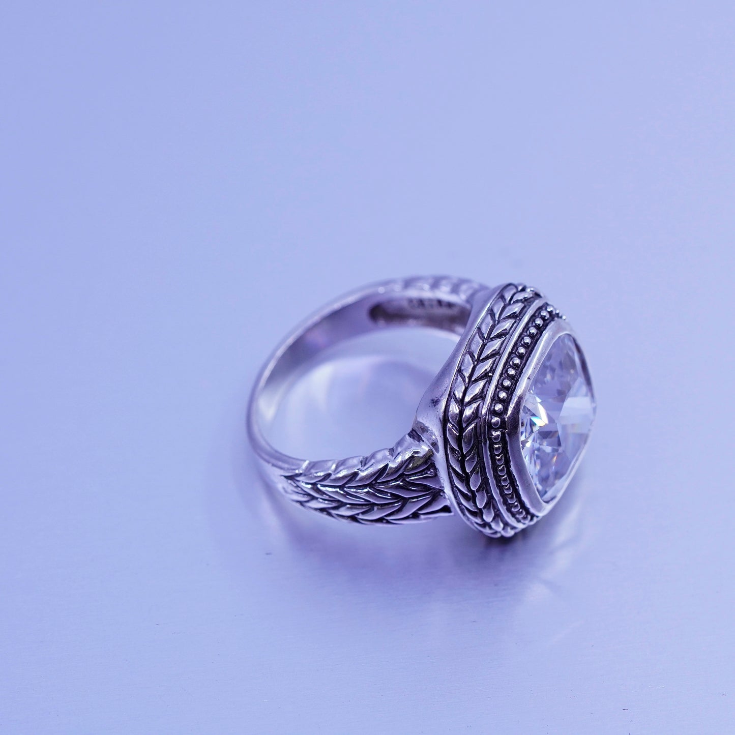Size 9, vintage Sterling 925 silver handmade statement ring with crystal cable