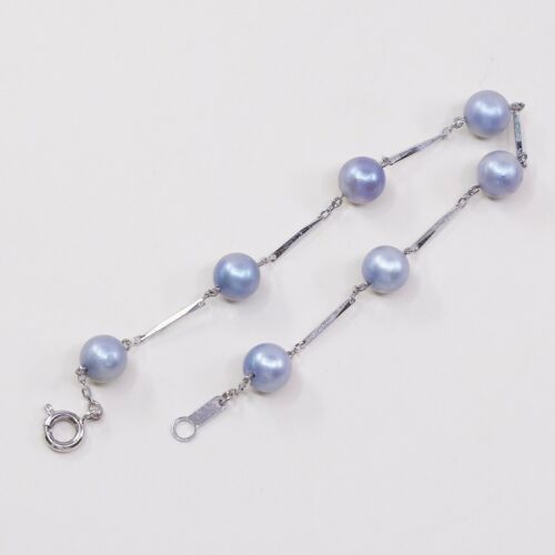 7.5”, Vtg Sterling Silver Handmade bracelet 925 Bar With Blue Pearl Beads