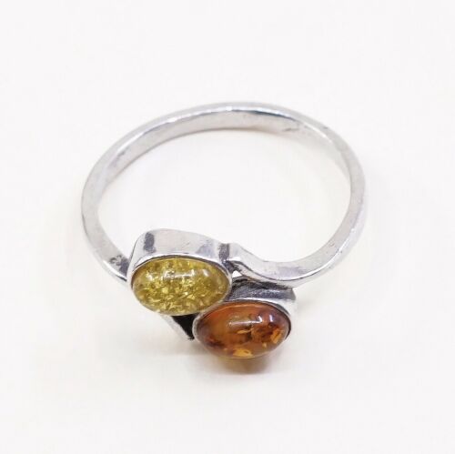Sz 6.75, Orangle Amber Cabochon Sterling Silver Solitaire Ring, Silver Tested