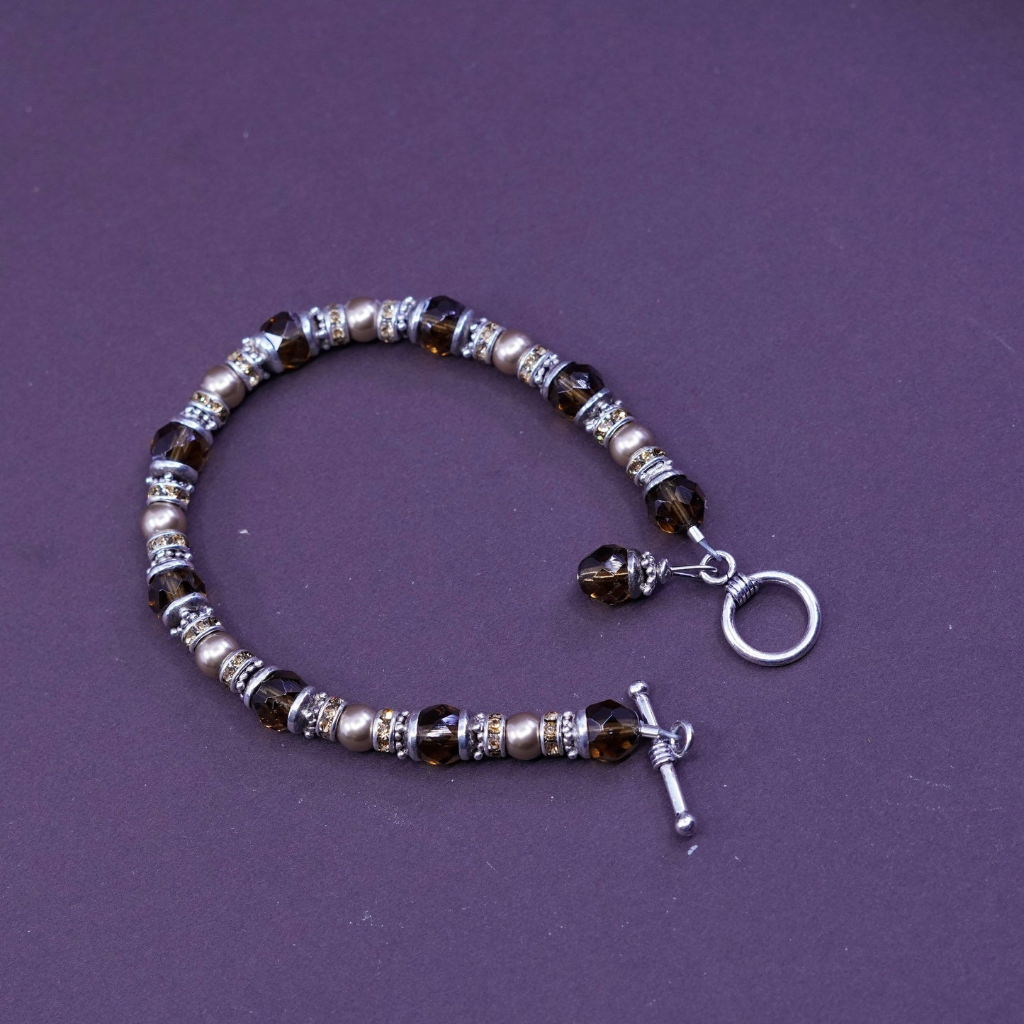 7.25”, Sterling 925 silver beads bracelet with smoky topaz and pearl and Cz