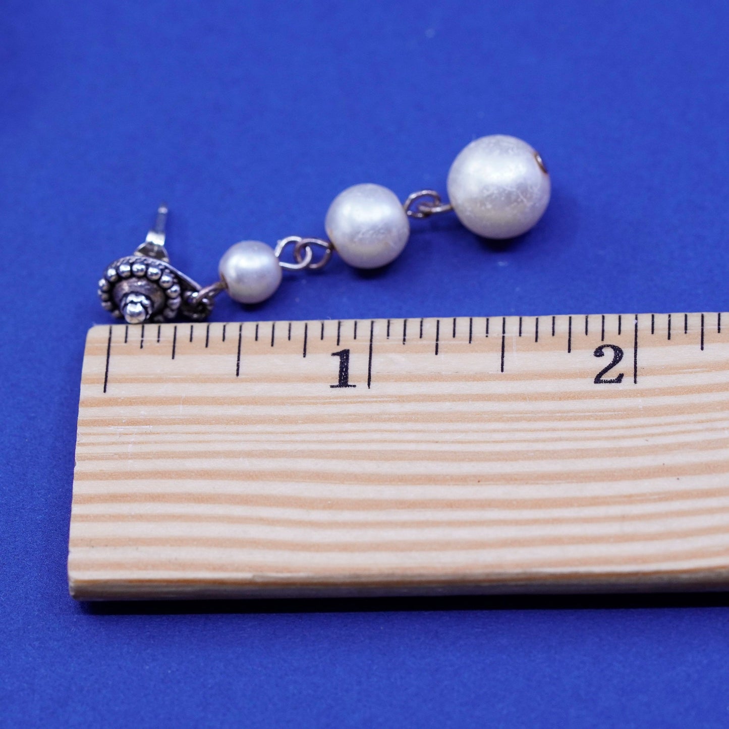 Vintage Sterling silver handmade earrings, bali 925 studs with pearl drops