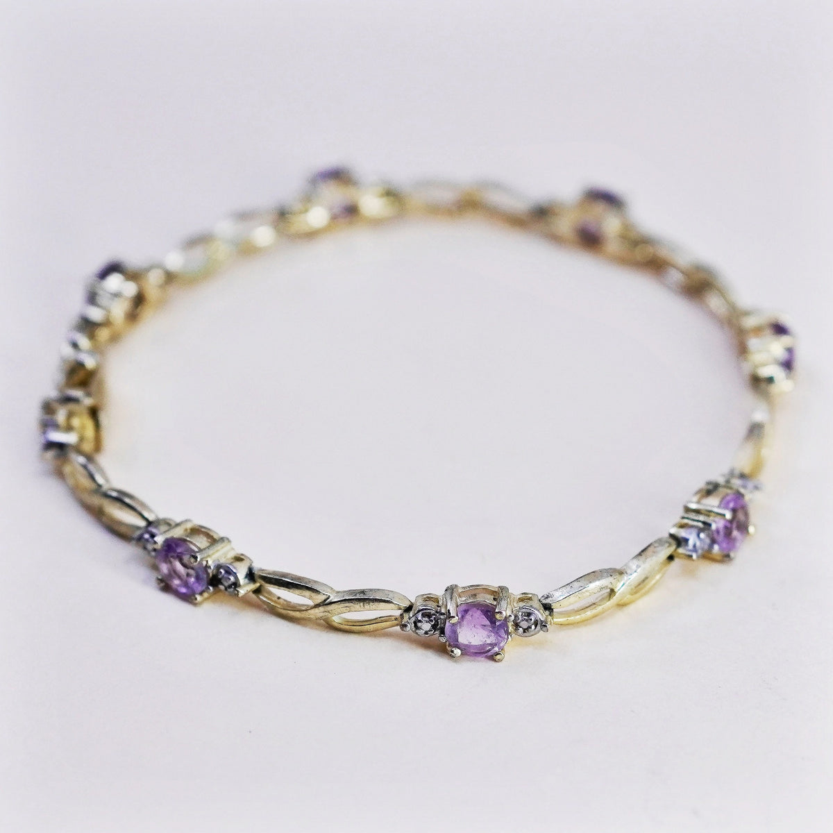 7”, Vermeil gold sterling silver tennis bracelet, 925 chain amethyst diamond