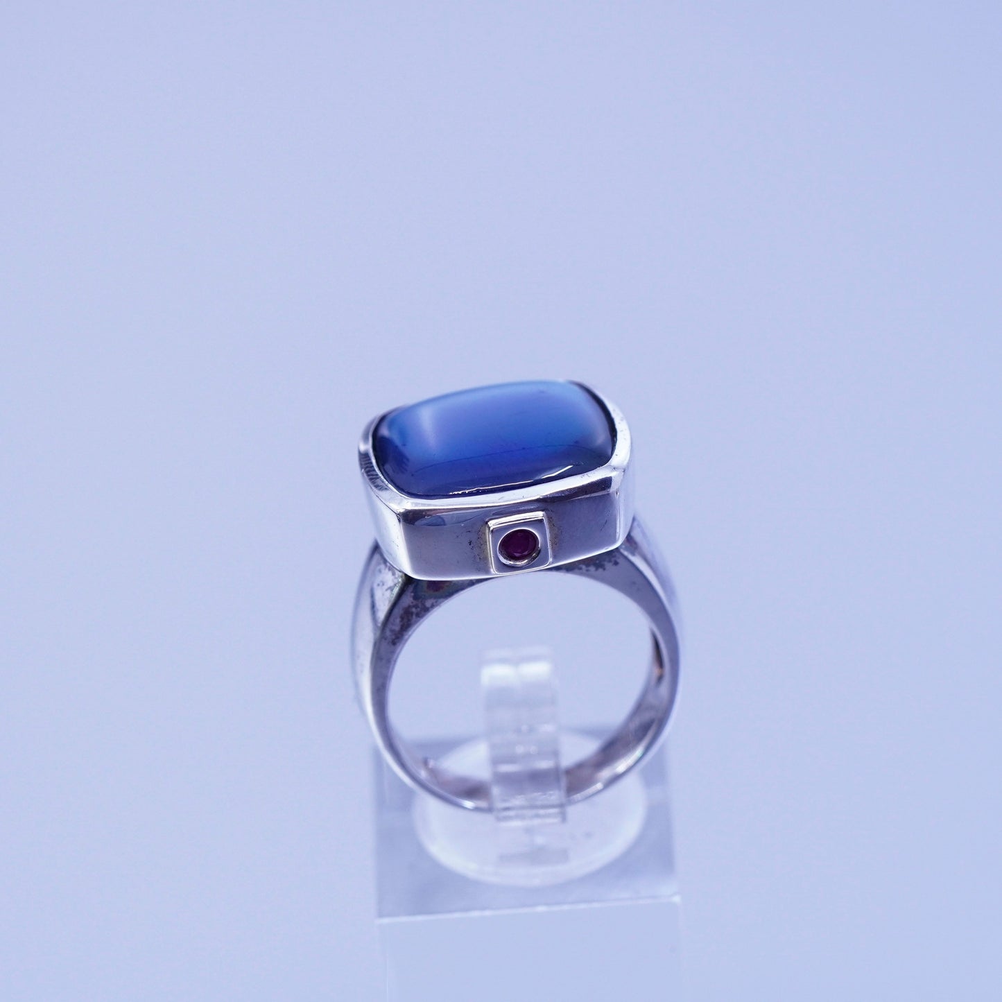 Size 8, vtg Elle Sterling 925 silver handmade ring with blue cat’s eye and ruby