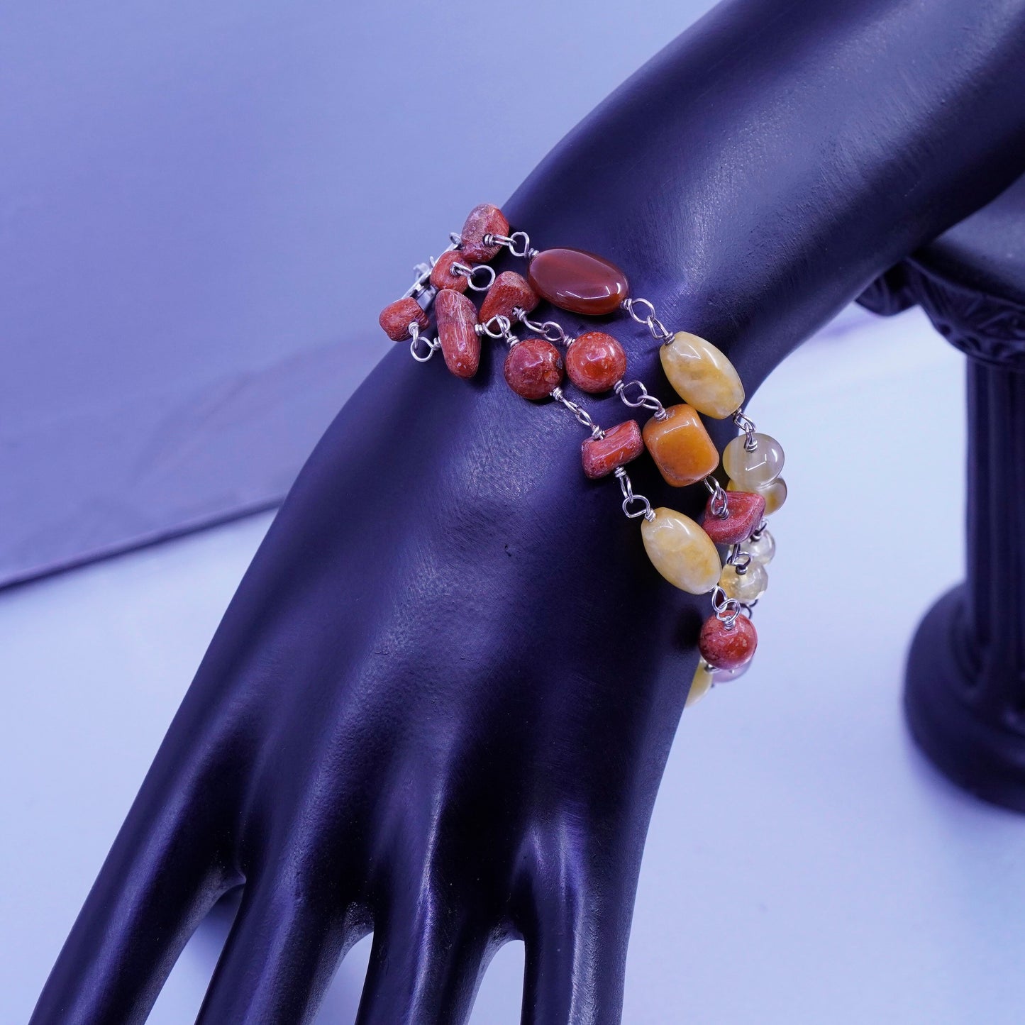 7”, vtg Sterling 925 silver beaded bracelet w/ agate coral citrine carnelian