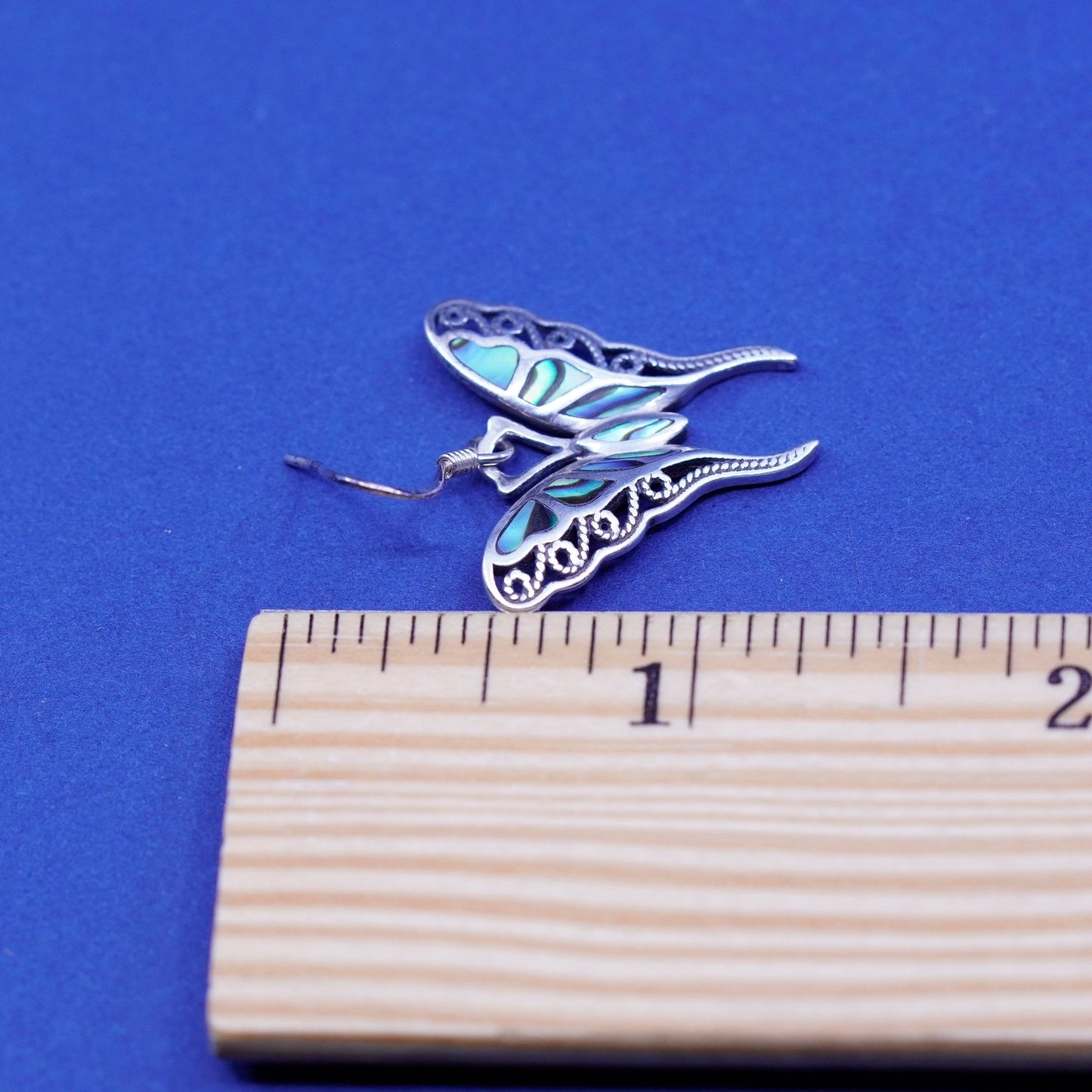 EJI Sterling silver handmade dangles, 925 filigree butterfly earrings abalone