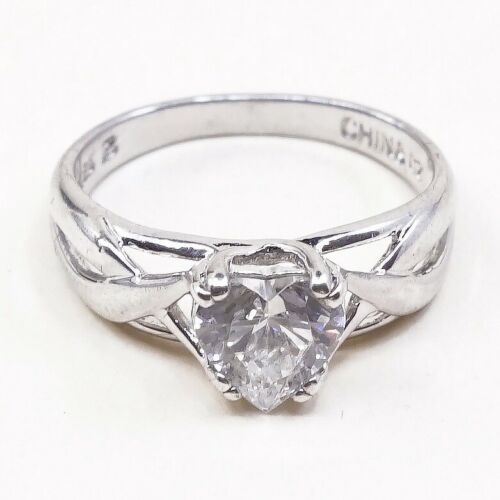 Sz 6, Vtg Sterling Silver handmade Ring, 925 Ring W/ Heart Shaped Cz