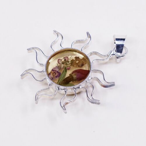 Vintage Sterling Silver Handmade Pendant, 925 Silver With Resin Flower Sun