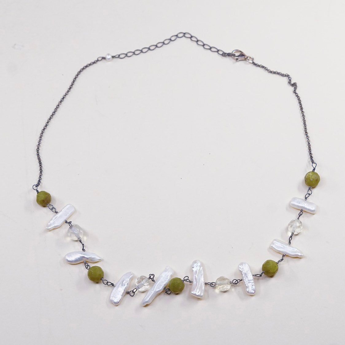 16”+3”, vtg handmade Sterling silver chain w/ pearl N jade beads