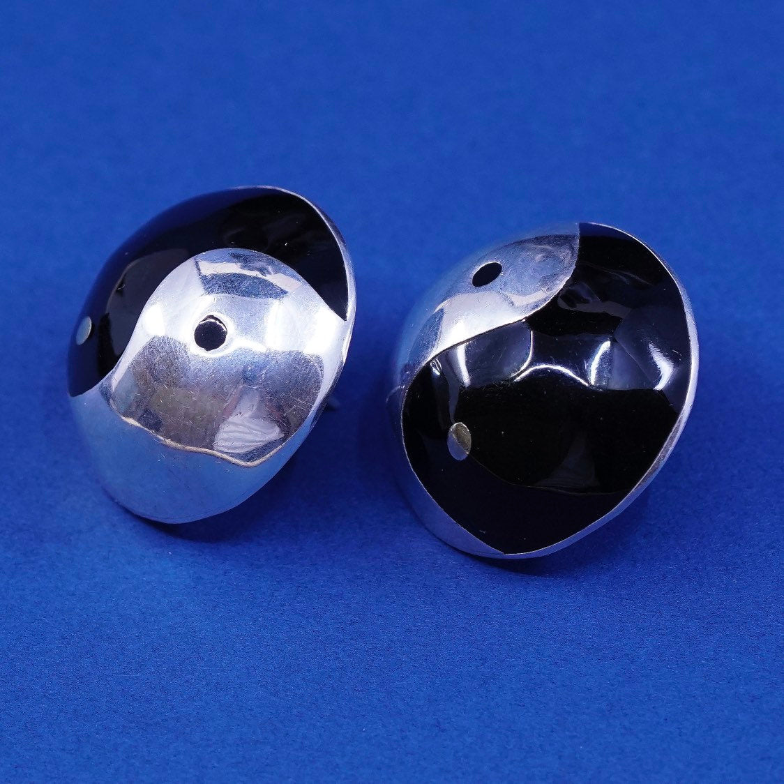 vtg mexico sterling silver handmade earrings, 925 yin yang studs w/ obsidian