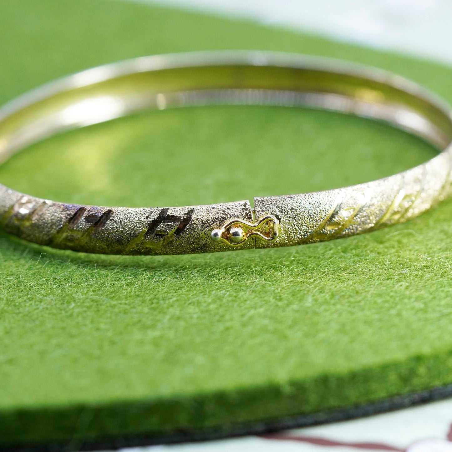 7.5”, vermeil gold over sterling silver bracelet, textured 925 hinged bangle