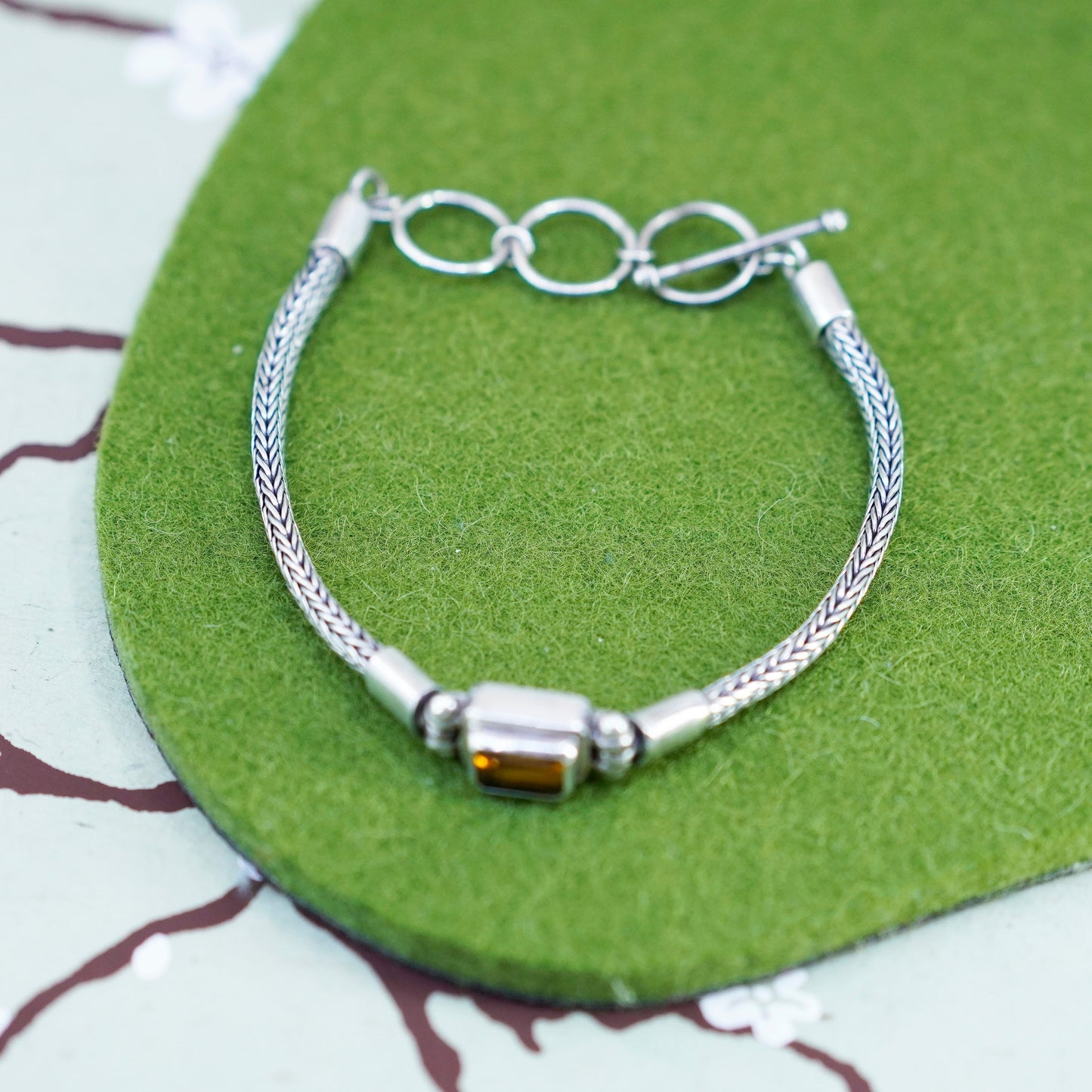 6.5”+1”, vintage sterling silver handmade bracelet, 925 wheat chain w/ citrine