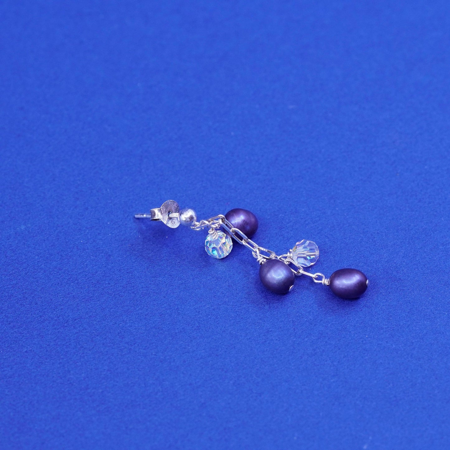 Vintage Sterling silver earrings, 925 hooks with cluster black pearl crystal