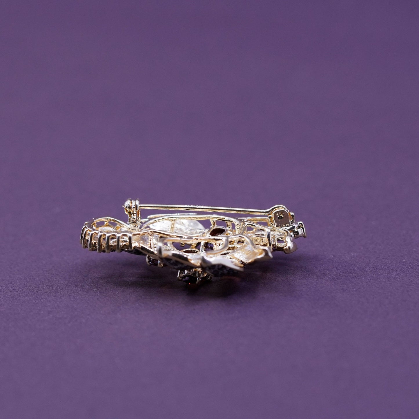 Vermeil gold over handmade sterling 925 silver brooch with ruby and Marcasite