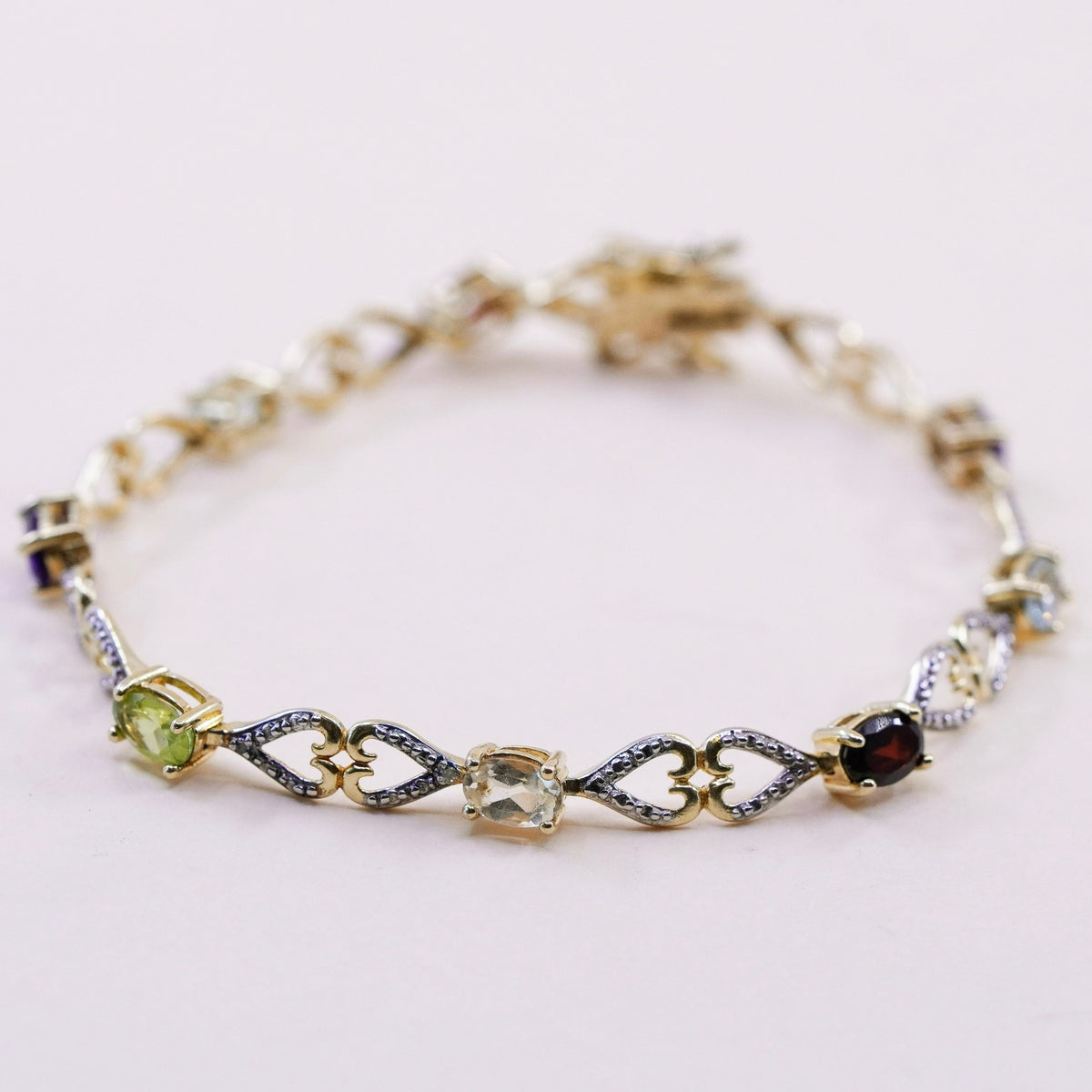 7.25”, vermeil gold sterling silver bracelet, 925 tennis chain peridot citrine