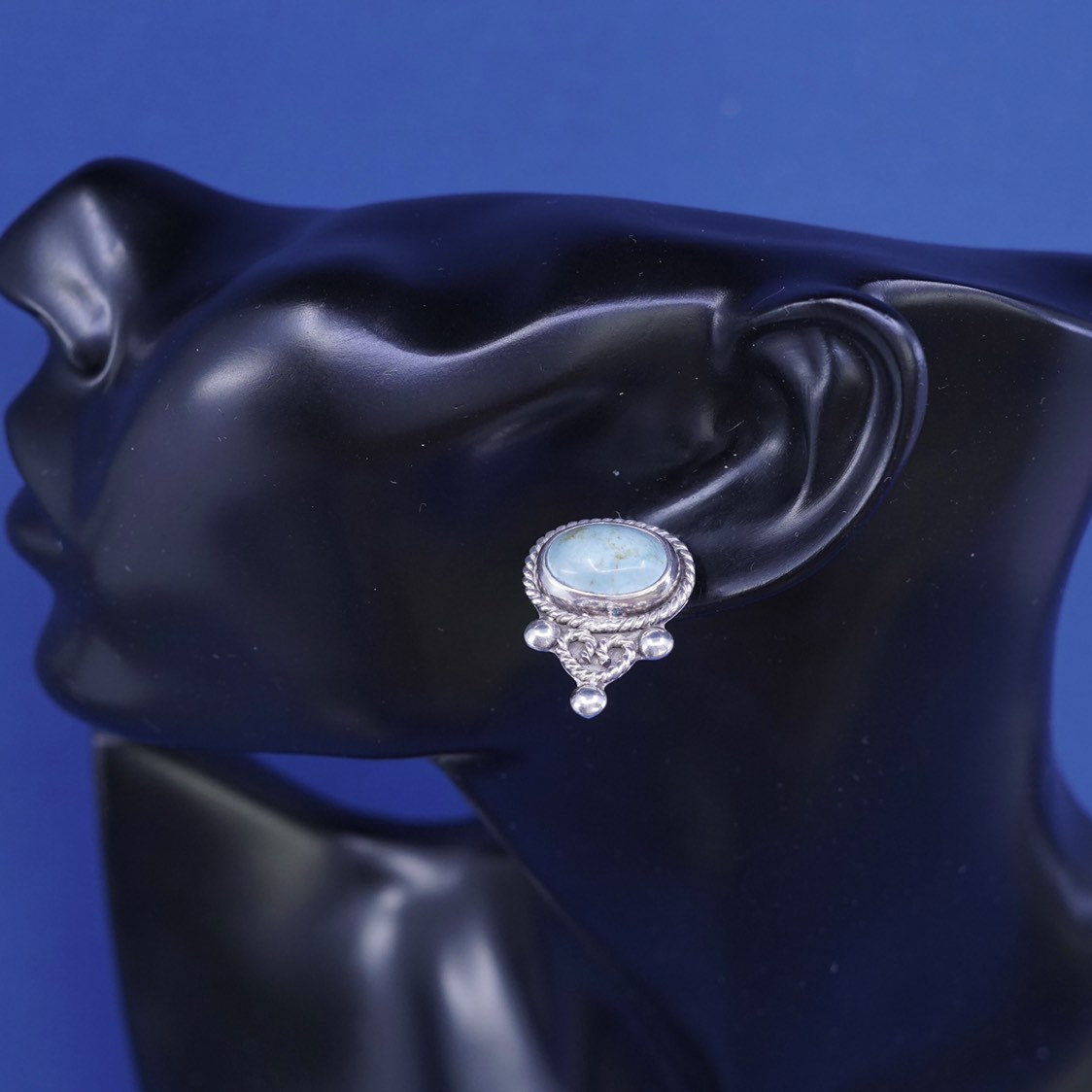 vtg sterling silver handmade earrings, 925 oval studs w/ turquoise N beads