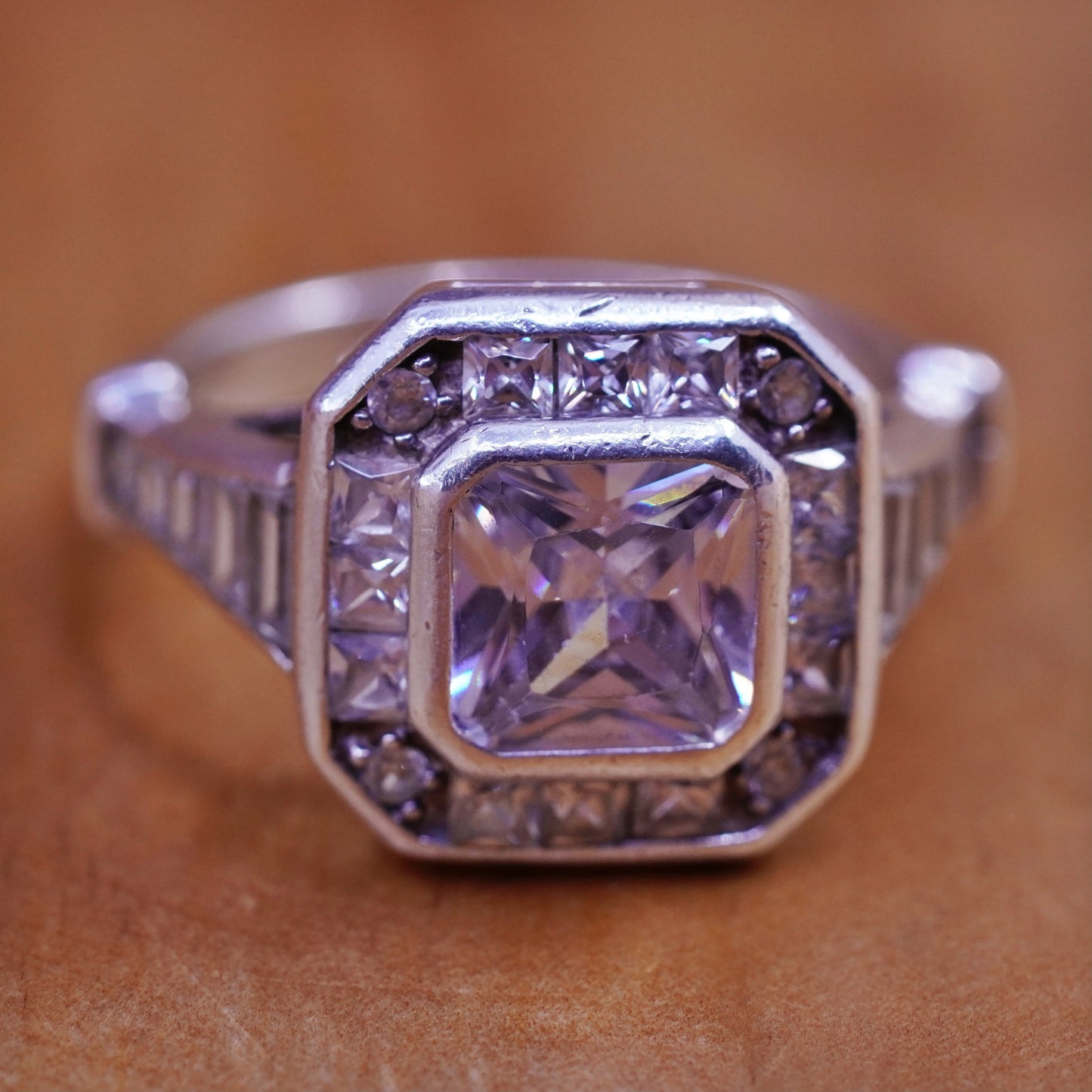 Size 7, vintage Sterling 925 silver engagement ring with cluster cz