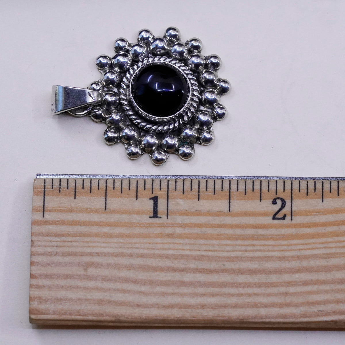 Vintage Sterling silver handmade pendant, Mexico 925 sun with onyx and beads