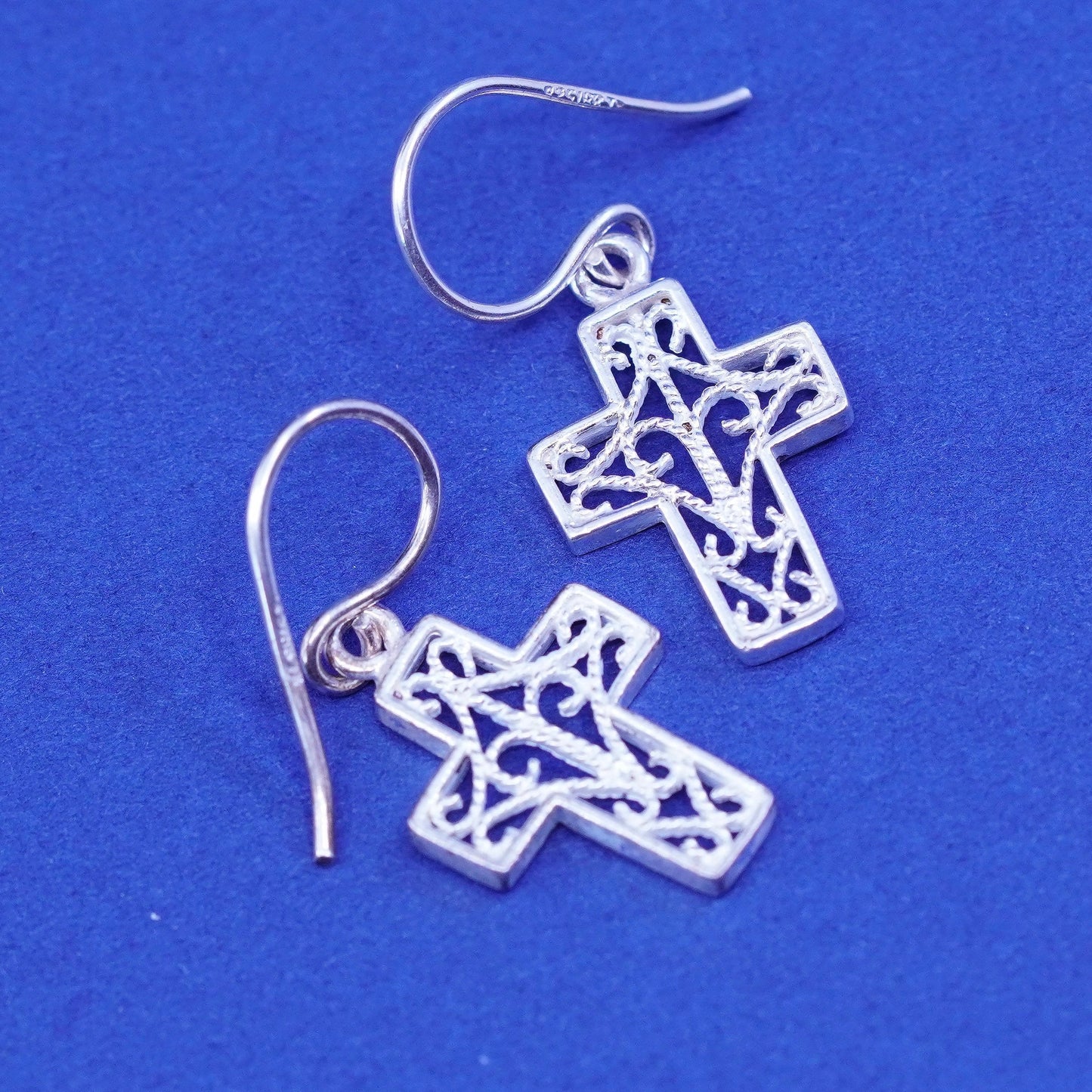 Vintage Sterling silver handmade earrings, 925 Bali filigree cross drops