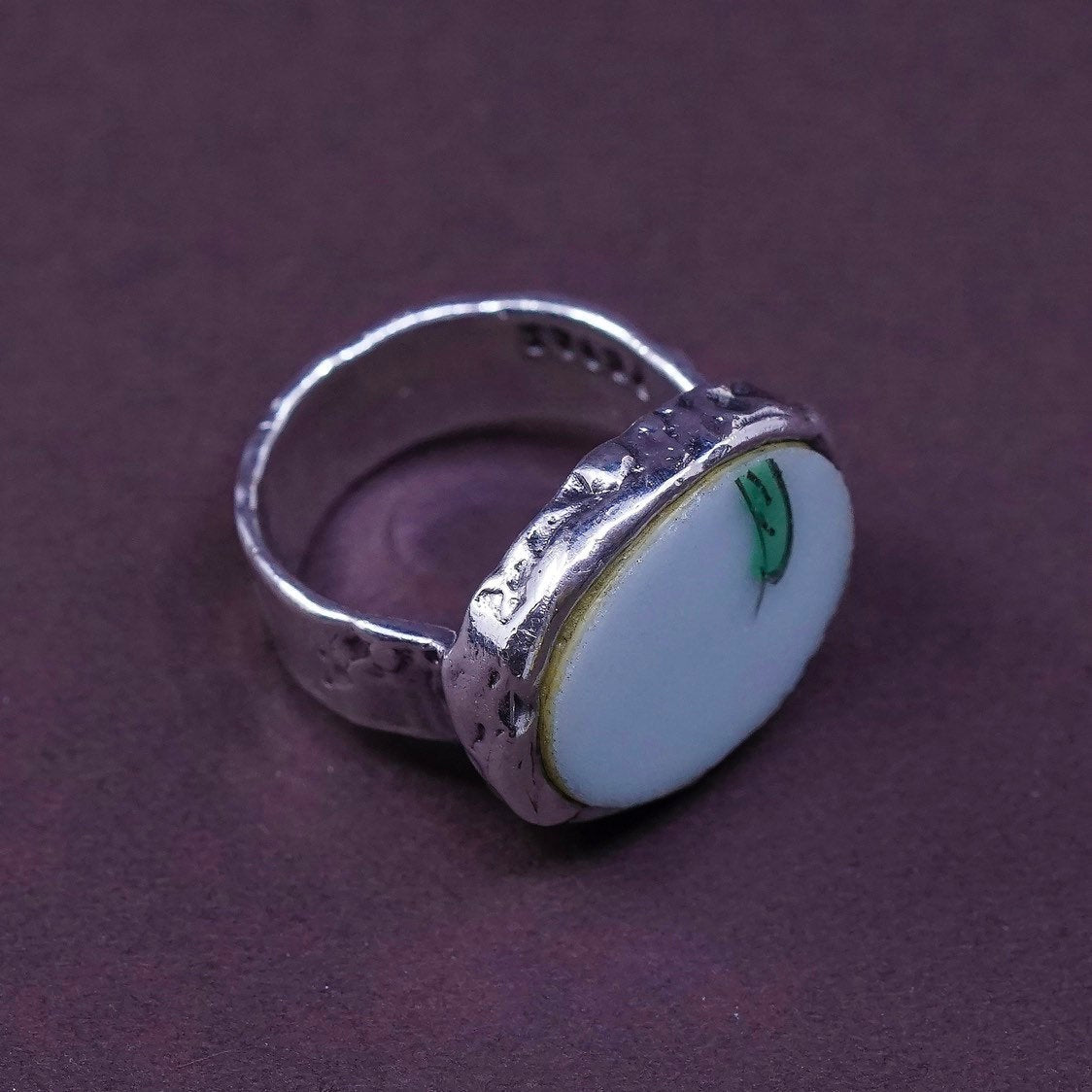 sz 7, PB Sterling silver handmade ring, Mexican 925 wide band w/ China pottery