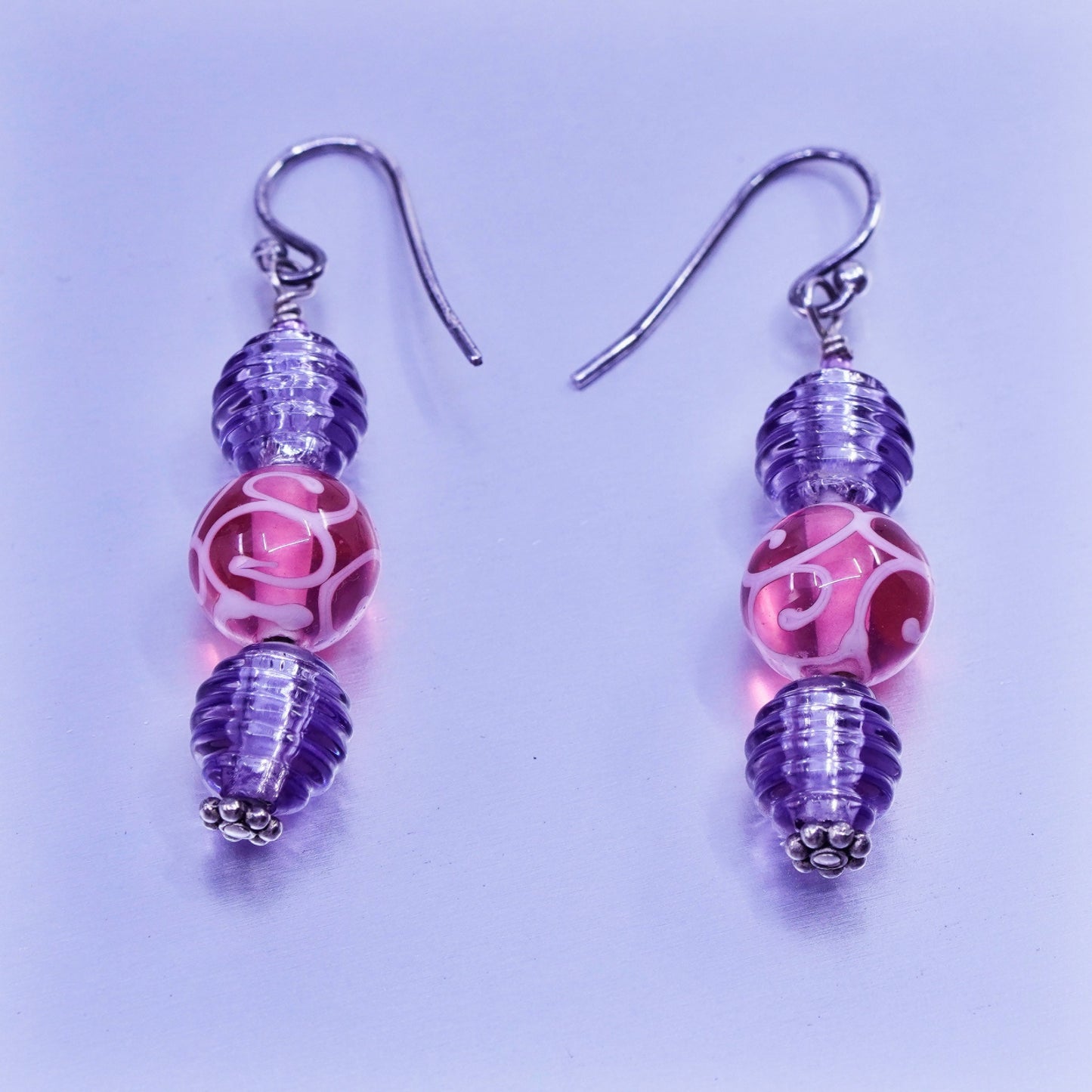Vintage Sterling 925 silver earrings with artisan purple pink glass beads