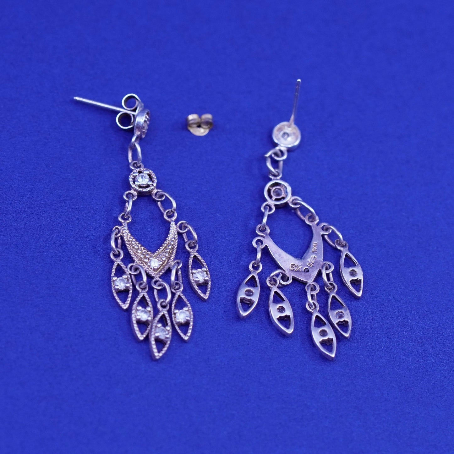 Vintage Sterling silver handmade earrings, filigree 925 teardrop with cz