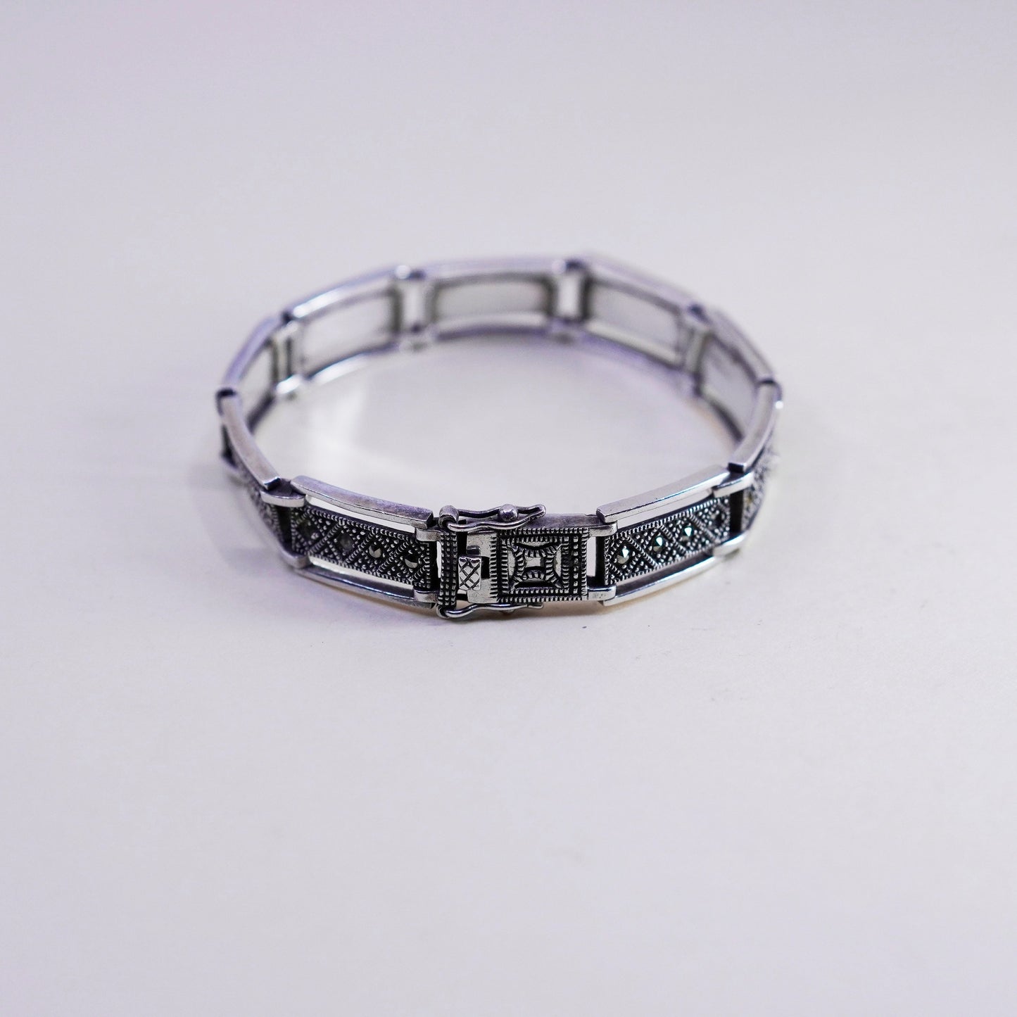 7”, vintage DBJ Sterling 925 Silver, elongated chain, tennis Bracelet marcasite